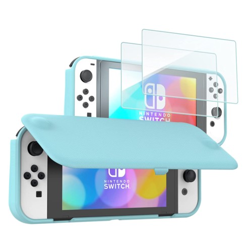 ProCase Flip Cover for Nintendo Switch OLED Model 2021 with 2 Screen Protectors, Switch OLED Protective Case with Magnetically Detachable Front Shell -Skyblue